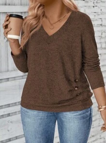 INAWLY Women's V-Neck Long Sleeve Side Button Decoration Pleated Soft Knit Casual Plus Size T-Shirt, Autumn/Winter