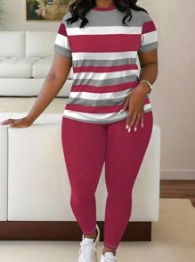 Maweii Bộ đồ thường ngày 2 món thời trang cổ tròn tay ngắn in sọc cỡ lớn và quần màu trơn, dành cho mùa hè - Nhiều màu - Xem 1