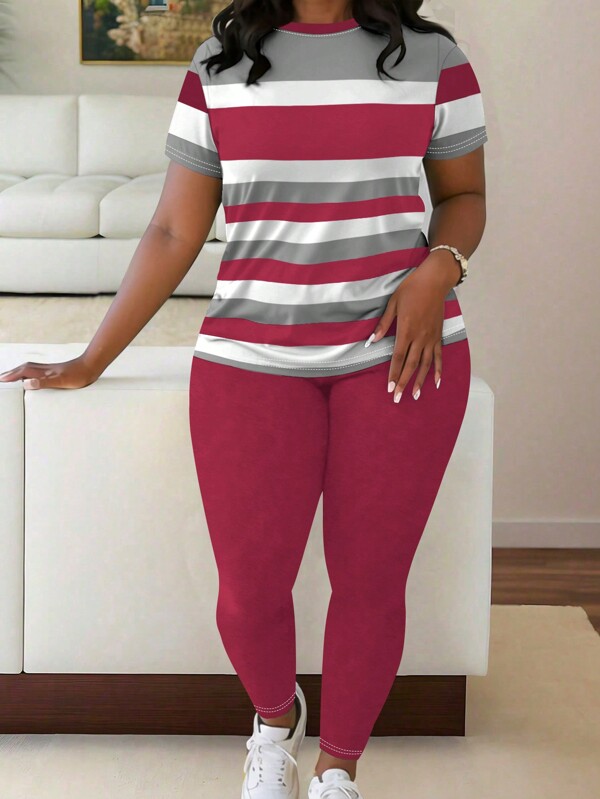 Maweii 大码时尚条纹印花圆领短袖上衣和纯色裤子 2 件套休闲套装，适合夏季