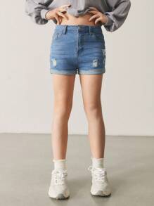 SHEIN Shorts De Mezclilla Desgastados Para Chicas Preadolescentes