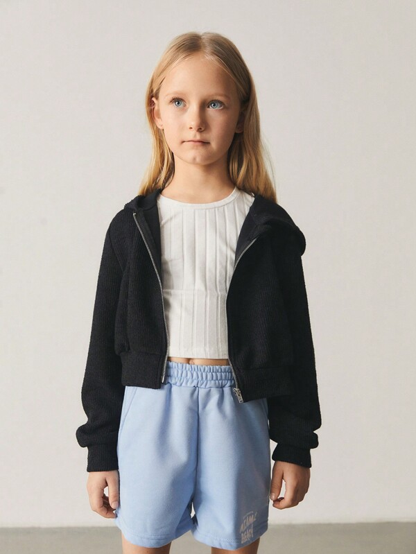 SHEIN Tween Girl Zip Up Ribbed Knit Hoodie