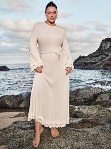 SHEIN VCAY 大码女式荷叶边装饰休闲连衣裙，简约时尚日常穿着情人节服装浪漫 - 杏色 - 查看 4