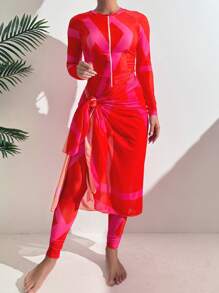 SHEIN Swim Shayni 夏季女士保守时尚度假布基尼泳衣套装，拉链变形格子印花上衣，长裤和网眼长裙泳衣阿拉伯服装 - 彩色 - 查看 6