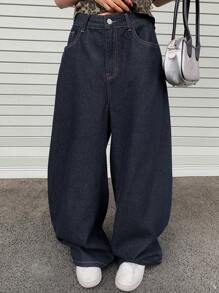 DAZY 女士复古宽松直筒牛仔裤 - 深色水洗藍 - 查看 3