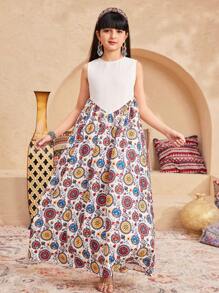 SHEIN Tween Girls' Loose Casual Minimalist Comfort Round Neck Pattern Patchwork Color Block Sleeveless Dress - Apricot - View 5