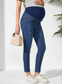 SHEIN Adjustable Waist Maternity Casual Denim Skinny Pants - Medium Wash - View 7