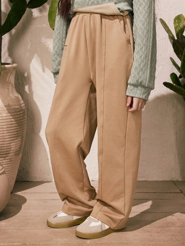 SHEIN 1 pieza Pantalón de chándal de estilo casual urbano para niñas con diseño de bolsillo pequeño, pantalón cómodo para ocio, deporte y uso diario