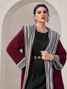 Al Najma Modest Geometric Print Hooded Long Sleeve Arabic Abaya Jacket For Women, Abayas - Red - View 2