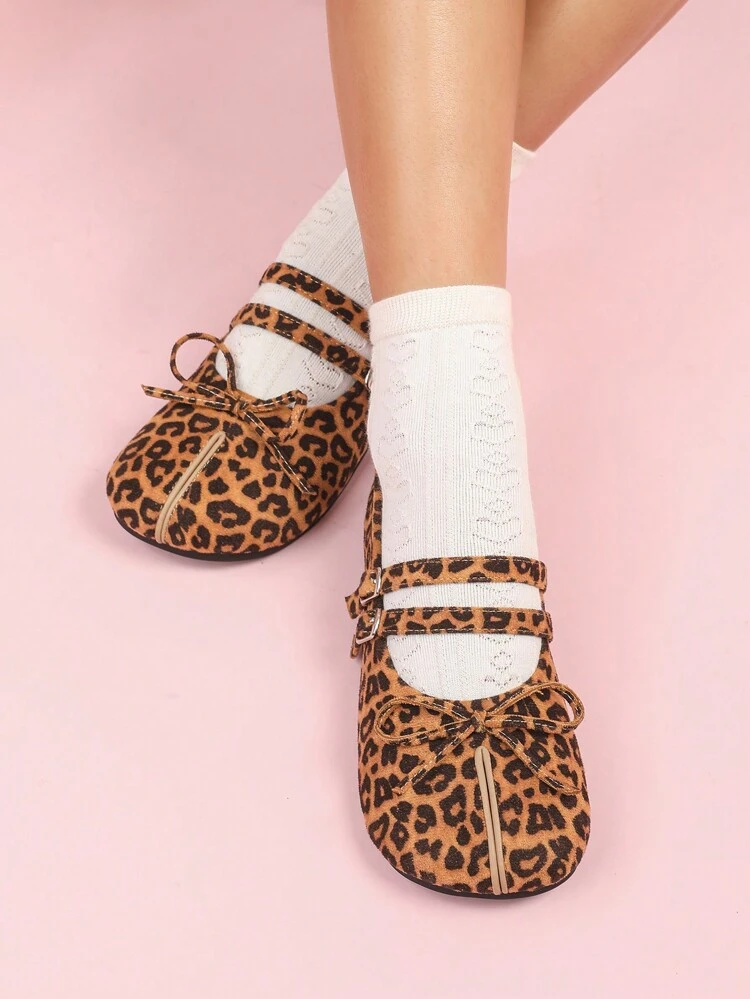 CUCCOO DOLLMOD Women's Cute Leopard Print Bow Double Strap Mary Jane Flat Ballet Flats Valentines Valentine's Day