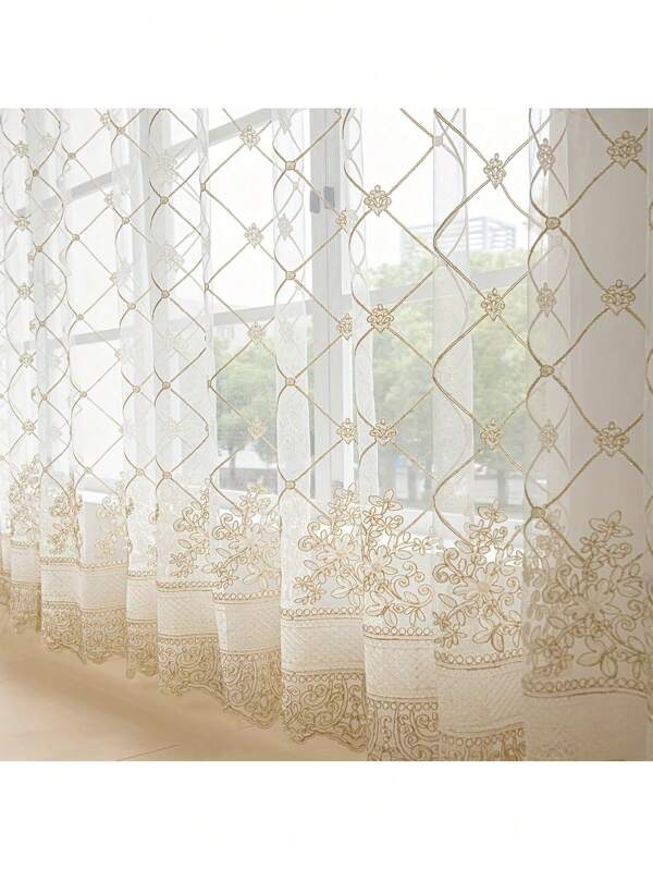 1 Panel de cortina transparente de voile bordada con diseño a cuadros, con ojales para barra y ganchos colgantes, patrón bordado en 3D con flores, estilo francés rural romántico, cortina blanca para sala de estar, dormitorio o partición