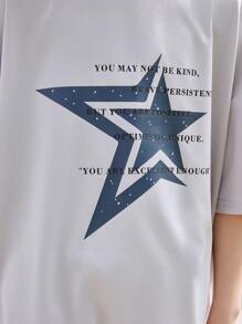 Tween Boys' Loose Round Neck Drop Shoulder Five-Pointed Star Slogan Graphic T-Shirt, Suitable For Casual Wear And Sports