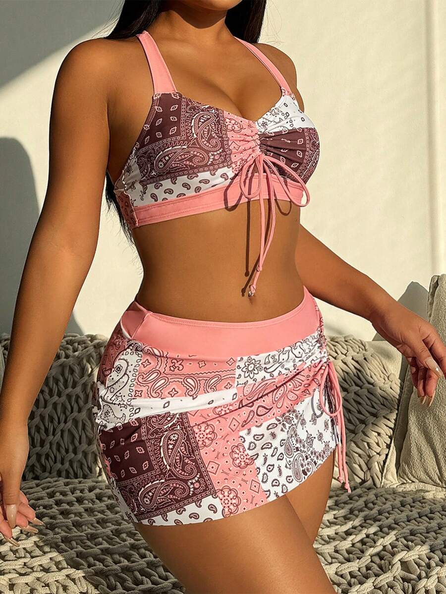 Swim Lushoire 女士佩斯利印花吊带前系带性感比基尼泳装套装适合海滩度假夏季 - 彩色 - 查看 1