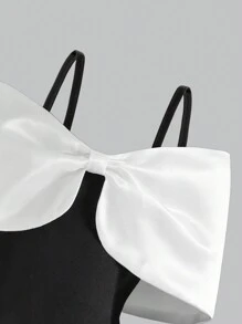 Young Girl Contrast Color Bow Design Off Shoulder Fashionable Dress - Multicolor - View 4