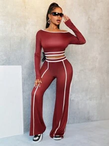 BamGleam 2pcs Women Set: Contrast Trim Asymmetric Neck Long Sleeve Top And Pants - Red - View 5