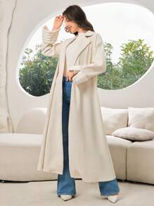 Al Najma Women's Solid Color Spliced Faux Fur Cuff Relaxed Long Elegant Arabic Abaya Coat, Casual Maxi Length Robe Abayas, For Casual Daily/Evening Party - White - View 5