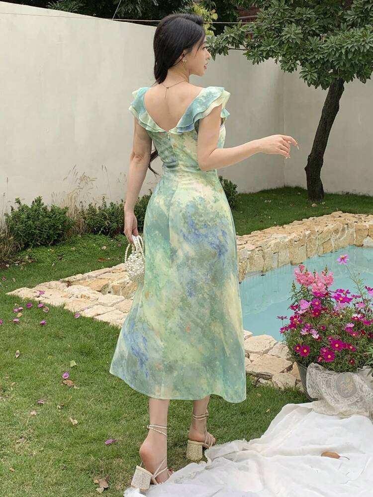 Floral Print Ruffle Hem Tie-Up Midi Dress For Women,Milkmaid Dress Vacation Outfits Women Easter Boho