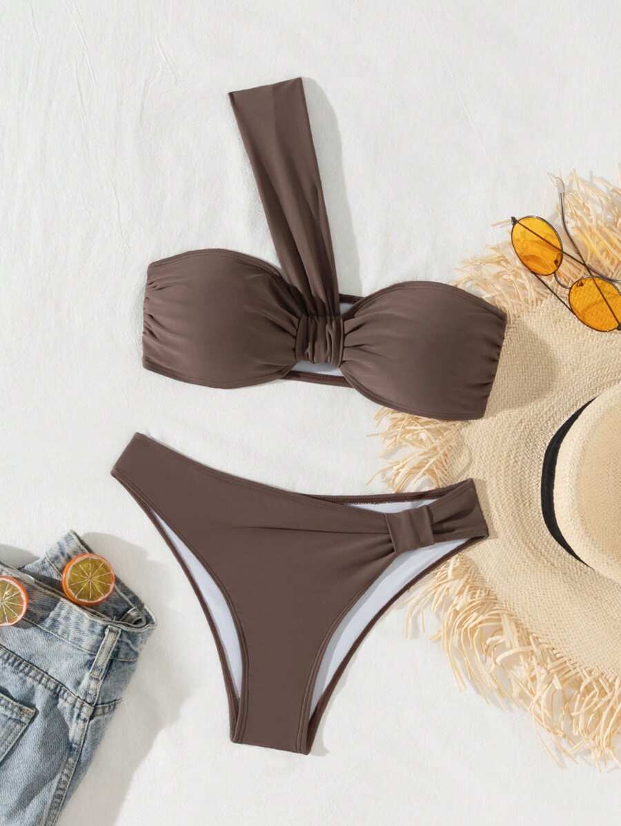 Swim Mod Women's Solid Color Ruched Bandeau Bikini Set Summer - Coffee Brown - View 1