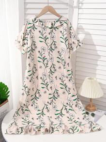 1pc Girls Tree Leaf & Flower Print Short Sleeve Nightgown Loungewear Set,Summer,Travel - Multicolor - View 2