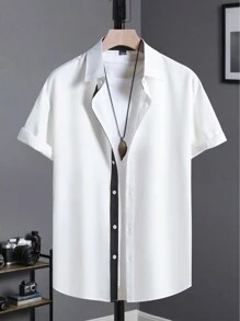 Áo sơ mi nam tay ngắn cài khuy đơn màu tương phản thường ngày Manfinity Mode dành cho nam, ngày lễ tình nhân nam, quà tặng bạn trai, ngày lễ tình nhân nam, quà tặng bạn trai, áo sơ mi tay ngắn, áo sơ mi nam cài nút, áo sơ mi nam màu trắng - trắng - Xem 5
