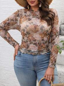 SHEIN VCAY Plus Size Women Floral Print Fitted Top Fall - Multicolor - View 5