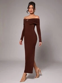 Silquee Vestido de fiesta elegante de hombros descubiertos midi para mujer, de manga larga, con decoración de hebilla metálica, color rojo vino y rojo tornasol, hecho de tela de punto elástica, adecuado para fiestas de cóctel, citas románticas, uso como capa en otoño/invierno, invitada de boda, dama de honor, fiesta formal, Halloween, Navidad - Café integral - Ver 4