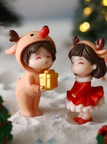 1 Set Mini Cute Christmas Elements Couple Figurines With Mini Stools, Creative Home Decor Ornaments (Stool Style Random) - Multicolor - View 5