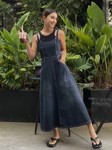 Livesso 度假休闲外出装夏季复古水洗女式背心牛仔连衣裙太阳裙 - 藍色 - 查看 2