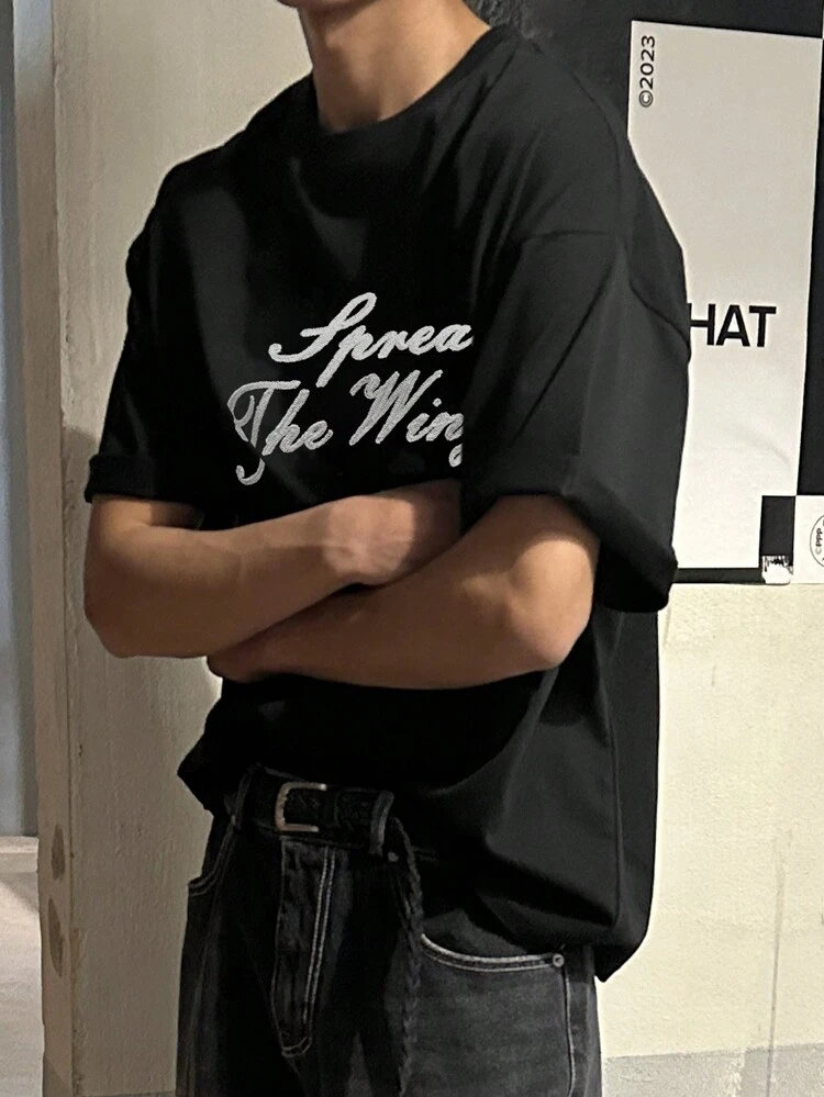 Men's Black Letter Embroidery T-Shirt, Minimalist Fashion Casual Daily Wear, Summer,Graphic Tees