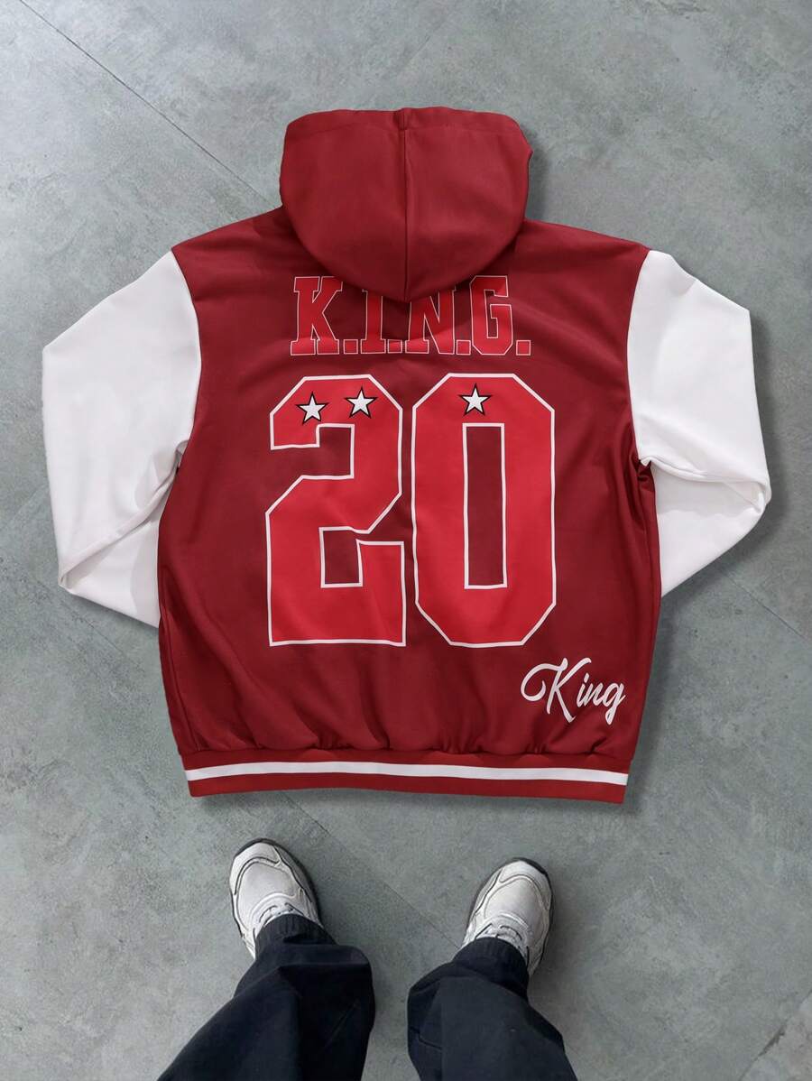 Manfinity Campus Court Chaqueta con capucha con bloqueo de color con estampado de letras casual para hombre para otoño - Rojo y blanco - Ver 1
