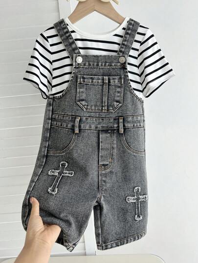 2pcs/Set Boy (Small) Round Neck Short Sleeve Casual Top And Bib Pants
