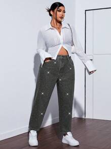 SHEIN ICON Jeans versátiles y casuales de talla grande para mujer con bolsillos, lentejuelas y rhinestones en forma de cono