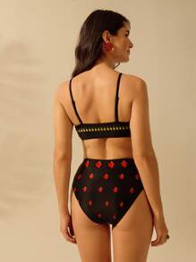 CAJUNI Women's Boho Print Vacation Casual Beach Swimming Black Strap One-Piece Swimsuit