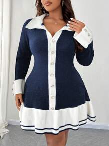 SHEIN Unity Plus Size Women Knit Color Block Sweater Dress With Ruffle Hem And Button Decor, Elegant Dress For Autumn/Winter Fall Cloth For Women - Blue - View 5