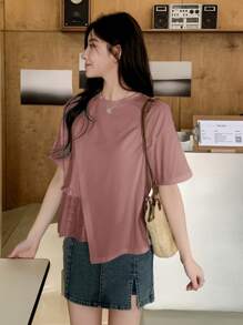 DAZY Women Casual Solid Color Round Neck Short Sleeve Asymmetrical Hem T-Shirt,Ruffle - Pink - View 4
