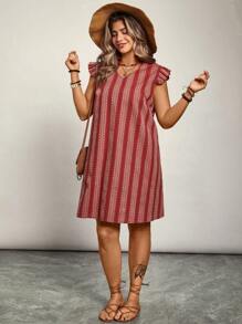 SHEIN VCAY Plus Size Women V-Neck Loose Straight Casual Cap Sleeve Striped Dress - Multicolor - View 5