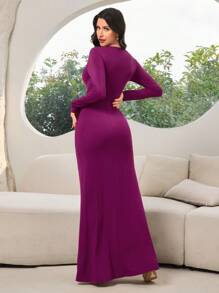 Modelyn Vestido elegante de manga larga y unicolor para mujeres con decoraciones florales en 3D y abertura lateral