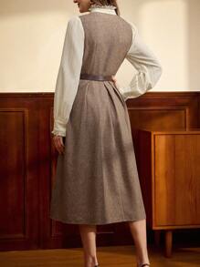 Vintamour Vintage Elegant Women's Dress, Autumn/Winter Fitted Lace Trim Stand Collar Ruffle Hem 2 In 1 Colorblock Long Sleeve A-Line Dress Valentines Birthday Dresses For Women Dresses For Women Elegant Birthday Outfits For Women Business Casual Woman Old Money Style Women Teacher Clothes Modest Dresses For Women Tea Party Outfit Spring Date Night Dress Women