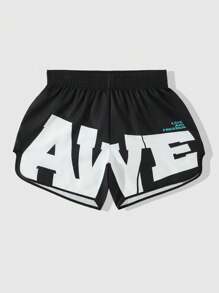 ROMWE MEN Prep Men's Letter Print Campus Style Basketball Shorts, Spring/Summer - Black - View 1