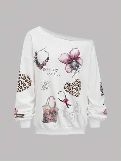Fairycore Vacation Style Casual Island Print Batwing Sleeve Pullover Sweatshirt