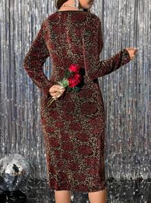 SHEIN Clasi Plus Size Women Valentine's Day Rose Foil Print Long Sleeve Regular Fit Elegant Party Dress, Autumn/Winter - Red - View 2