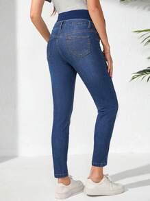 SHEIN Adjustable Waist Maternity Casual Denim Skinny Pants - Medium Wash - View 2