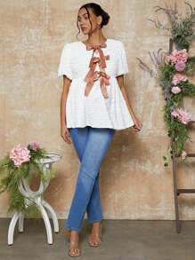 MaterniChic Valentine's Day Bow-Knot White Elegant Puff Sleeve Maternity Blouse - White - View 5