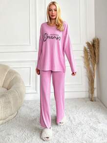 EURMUSE Plus 100%Cotton Letter Graphic Ribbed Knit Lounge Set - Pink - View 5