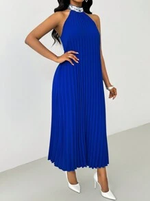 SHEIN Unity Women's Elegant Sequins Decor Sleeveless Pleated Maxi Dress, Blue, Spring/Summer - Blue - View 6
