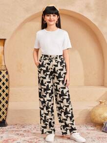 SHEIN Tween Girls' Casual Minimalist Comfortable Mid-Rise Straight Leg Geometric Pattern Pants - Black and White - View 3
