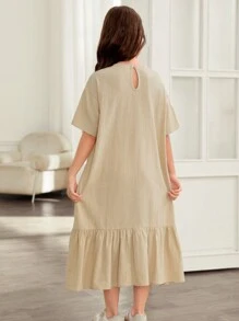 SHEIN Tween Girls Loose Casual Round Neck Ruffle Heart Pattern Short Sleeve Dress