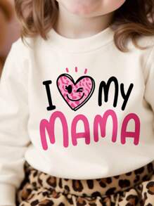 SHEIN Leap Crew Valentine's Day Cute Letter "I ❤My Mom", Baby Girl Soft Knitted Loose Fit Crew Neck Pullover Sweatshirt - Apricot - View 3