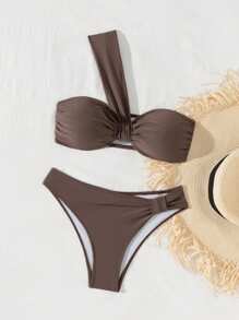 Swim Mod Women's Solid Color Ruched Bandeau Bikini Set Summer - Coffee Brown - View 3