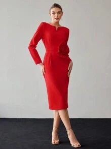 MOTF PREMIUM 纯色缺口领立体花朵修身中长连衣裙 - 紅色 - 查看 4