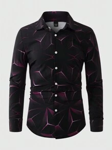 Manfinity LEGND Herren Große Größen Geometrisches Muster Langarm Einreiher Lässig Hemd, Herbst - Rot - Übersicht 3